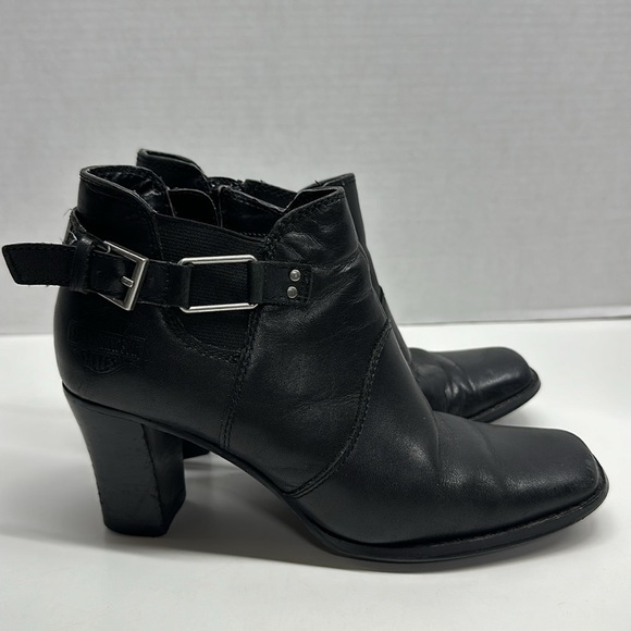 Harley Davidson Ankle Boots High Heeled Leather Buckle Side Zip Black Size 5 - Picture 1 of 10